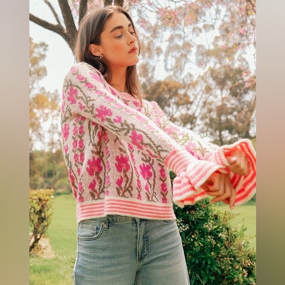 Fuchsia pink floral intarsia Puff striped Sleeve boho bohemian ribbed sweater - Picture 11 of 12